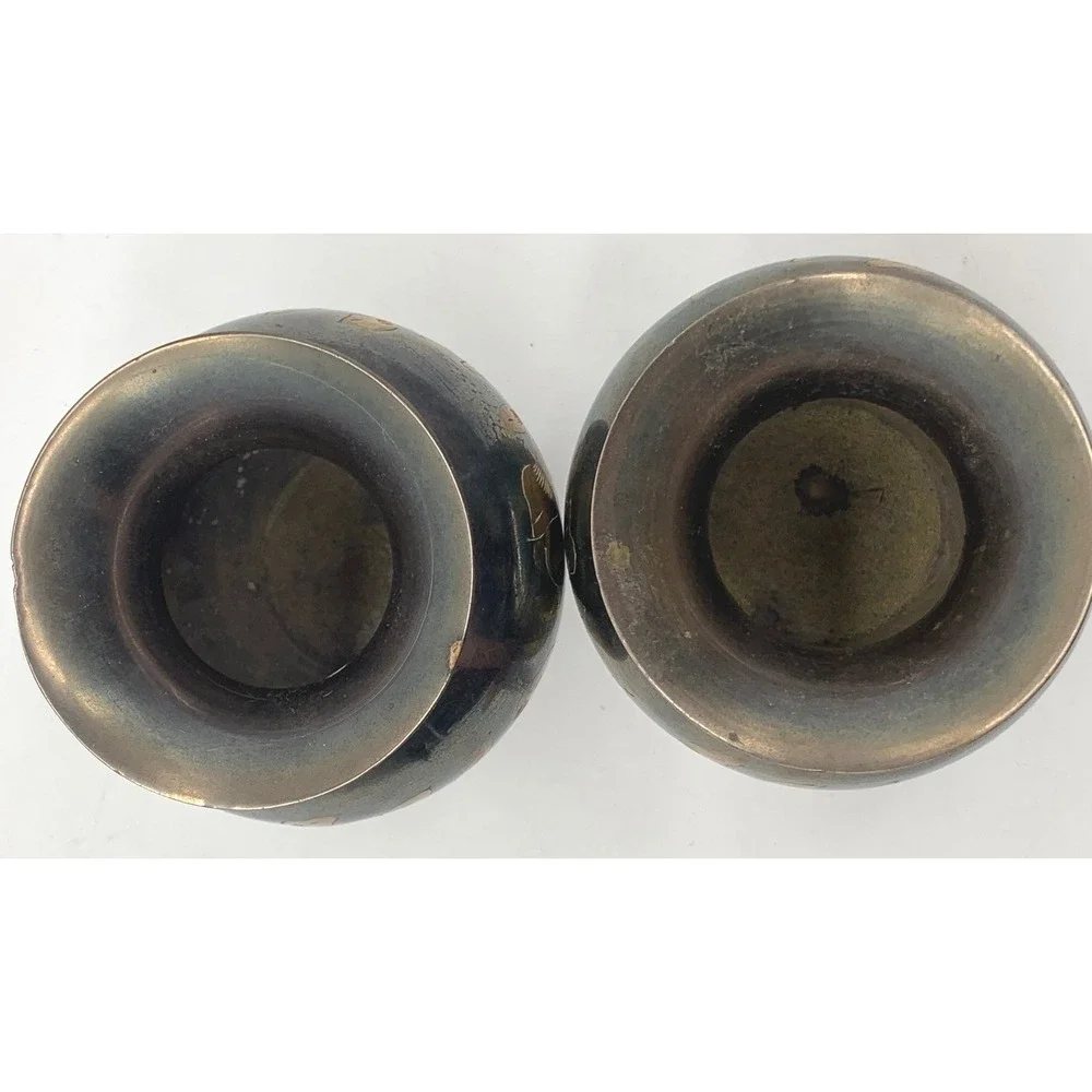 2 Vintage Brass Bud Vases Blue Gold Etched Floral India Small Footed MCM Pair